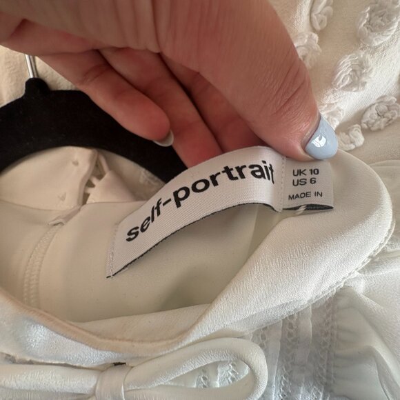 Self-Portrait Crepe Mini Dress White Ruffled Bib Bow Detail Pleated Sz 6 - Picture 3 of 9